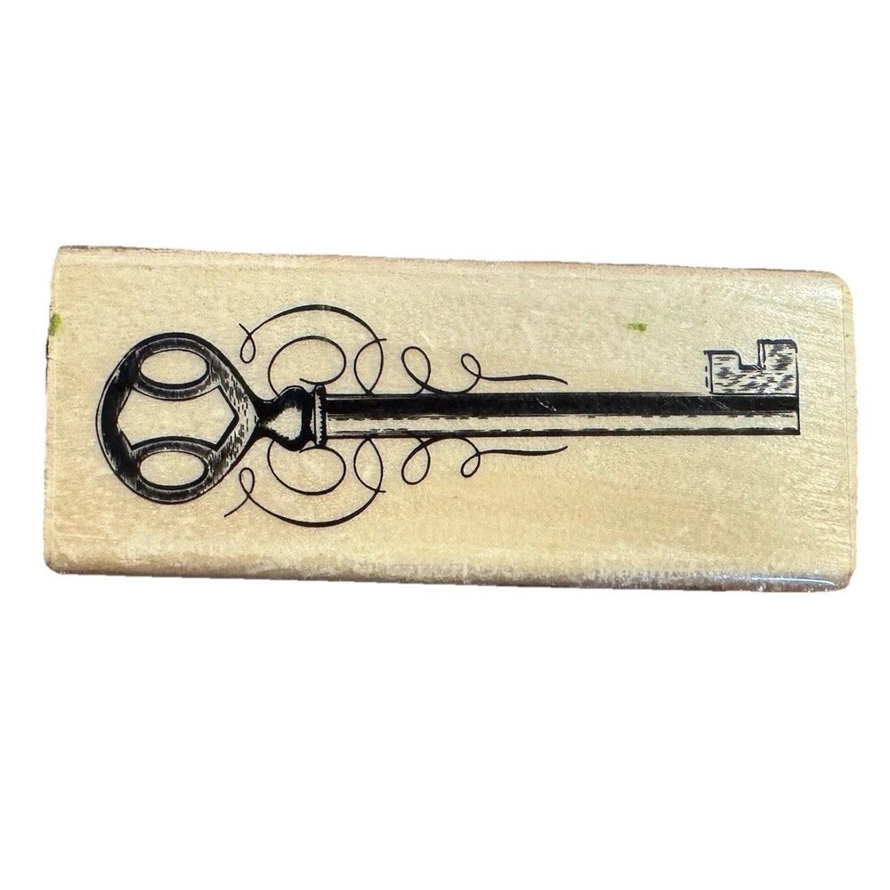 Ornate Antique Skeleton Key Wood Mounted Rubber Stamp 1x2.5" Vintage Craft Scrap